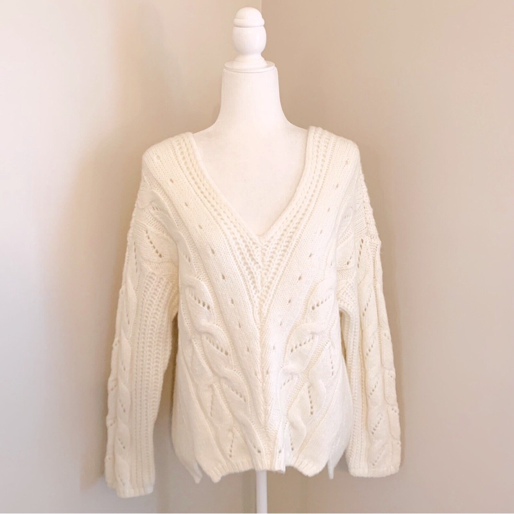 By Anthropologie cable knit V-neck ivory sweater